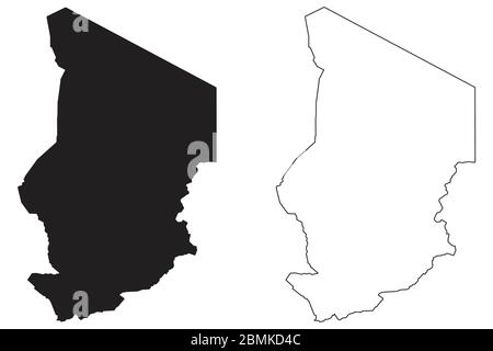 Landkarte Des Tschad. Schwarze Silhouette und Umriss isoliert auf weißem Hintergrund. EPS-Vektor Stock Vektor