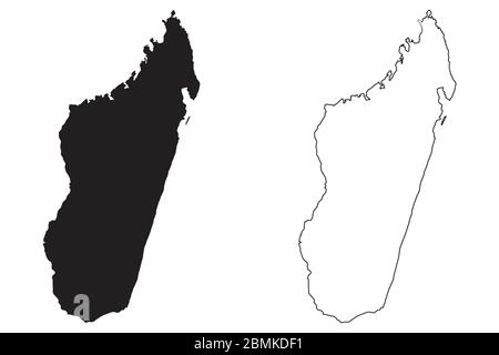 Landkarte Madagaskar. Schwarze Silhouette und Umriss isoliert auf weißem Hintergrund. EPS-Vektor Stock Vektor