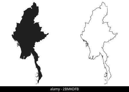 Länderkarte Myanmar. Schwarze Silhouette und Umriss isoliert auf weißem Hintergrund. EPS-Vektor Stock Vektor