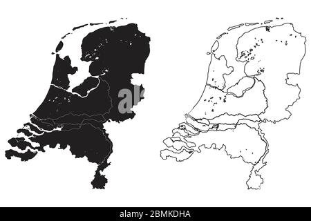 Niederlande – Länderkarte. Schwarze Silhouette und Umriss isoliert auf weißem Hintergrund. EPS-Vektor Stock Vektor