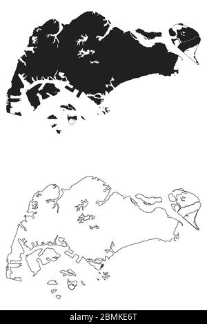 Länderkarte Singapur. Schwarze Silhouette und Umriss isoliert auf weißem Hintergrund. EPS-Vektor Stock Vektor