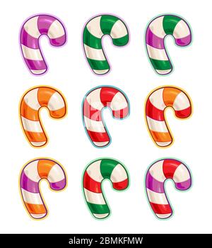 Vektor Cartoon Icon Set von Candy Canes in Rot, Grün, Orange, Lila und ihre Kombination Farben. Illustrationen Linien, Farbe, Schatten und Lichter ordentlich Stock Vektor