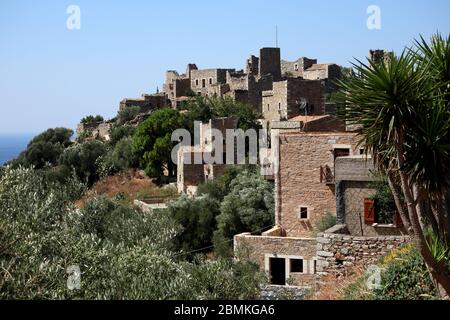 Hügeldorf Vathia, Mani, Griechenland Stockfoto