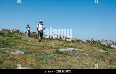Älteres Paar, das Trekking im Freien praktiziert Stockfoto