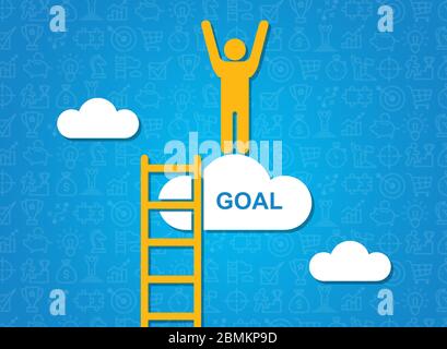 Erfolg und Zielerreichung. Person auf Wolke stehend mit Wort ZIEL, blauer Hintergrund. Kreative Illustration Stockfoto