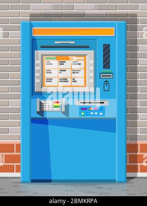 Geldautomat auf der Straße. Automatische Zeller Maschine. Programmieren Sie elektronisches Gerät für Zahlungen und Bargeld von Plastikkarte abheben. Wirtschaft, Bank und Finanzindustrie. Vektorgrafik im flachen Stil Stock Vektor