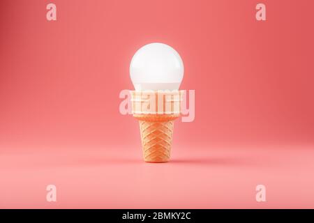 Glühbirne Eis in einem Waffle Cup auf einem rosa Hintergrund. Minimalistisches Konzept einer süßen Idee. Stockfoto