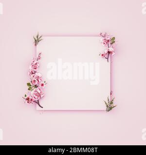 Blumenzusammensetzung. Papier leer, rosa Blüten auf pastellrosa Hintergrund. Flach, Ansicht von oben, Kopierraum, quadratisch. Stockfoto