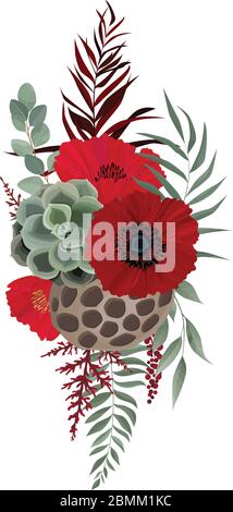 Satz von floralen Zweig. Anemonen, rosa Rose, grüne Blätter. Blumenplakat, Einladung. Set Blätter, Blumen, Äste, Kräuter und andere natürliche Elemente. Stock Vektor