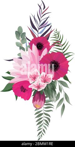 Satz von floralen Zweig. Anemonen, rosa Rose, grüne Blätter. Blumenplakat, Einladung. Set Blätter, Blumen, Äste, Kräuter und andere natürliche Elemente. Stock Vektor