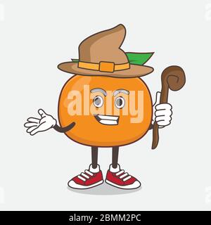 Eine Illustration von Mandarin Obst Cartoon Maskottchen Charakter als Hexe trägt Hut und Personal Stock Vektor