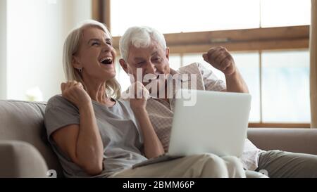 Aufgeregt Senior Paar lesen gute Nachrichten auf Laptop Stockfoto