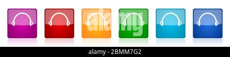 Kopfhörer-Icon-Set, bunte quadratische glänzende Vektorgrafiken in 6 Optionen für Web-Design und mobile Anwendungen Stock Vektor