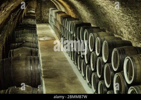 Fass mit Wein im Weinkeller gefüllt Stockfoto