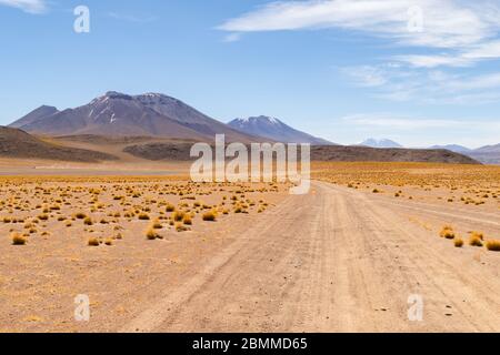Atemberaubende Panorama-Blick auf die berühmte wilde Siloli-Wüste. Wunderschöne Landschaft der spektakulären bolivianischen Anden und der Altiplano entlang der malerischen Straße zwischen Stockfoto