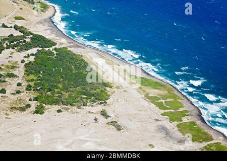 Der alte Flughafen von Montserrat, zerstört durch den Vulkan Soufriere Hills. Stockfoto