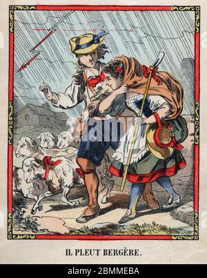 Illustration Anonyme de la chanson populaire (comptine pour enfant) 'Il pleut bergere' representant un berger abritant une jeune bergere sous la pluie Stockfoto