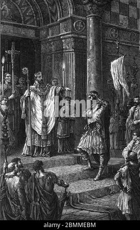Exkommunikation : l'archeveque saint Ambroise de Milan (Aurelius Ambrosius, Ambrogio di Milano (340-397) refuse la porte de l'eglise a l'empereur roma Stockfoto