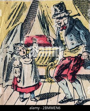 Le pere fouettard, personnage Legendaire du Folklore, punissant les enfants pas sages avec son fouet, image d'Epinal, 19eme siecle - das pere Fouettar Stockfoto
