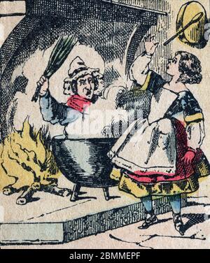 Le pere fouettard, personnage Legendaire du Folklore, et son epouse la Mere Fouettard, cachee dans la marmite pour surprendre les petites filles gourm Stockfoto