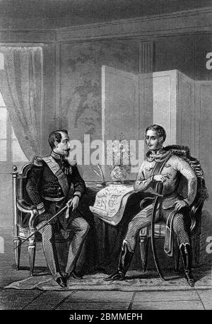 Unification italienne, rencontre entre Francois Joseph Ier d'Autriche (1830-1916) et Napoleon III (Charles Louis Napoleon Bonaparte, 1808-1873) (a Gau Stockfoto