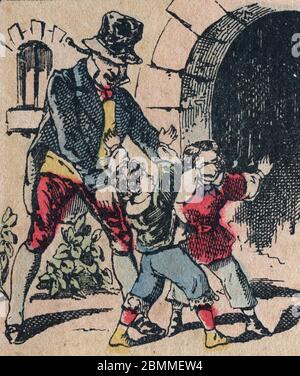 Le pere fouettard, personnage legengaire du Folklore, punissant les enfants pas sages avec son fouet, et enfermant les enfants desobemissants, image d' Stockfoto