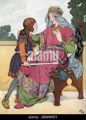 'Le jeune Charlemagne (742-814) avec sa mere Bertrade de Laon (720-783) surnommee Berthe au Grand pied Vers 752) (die fränkische Königin Bertrada von Laon Stockfoto