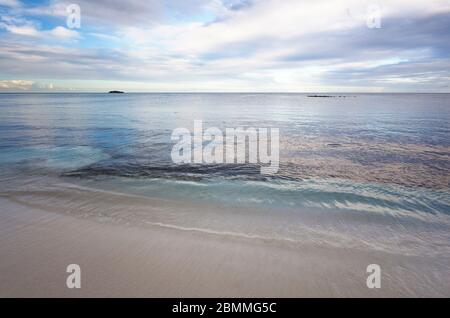 Außergewöhnlich ruhiges Meer am Jabberwock Beach in Antigua, das fast wie Computergrafiken aussieht. Die kleine Insel ist Prickly Pear Island. Stockfoto