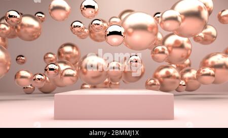 Abstraktes Bild von goldenen Kugeln und Kugeln fliegen über rosa quadratische Bühne, Podium oder Sockel in rosa Studio. 3D Rendern Sie den perfekten Hintergrund für Stockfoto