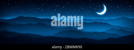 Leuchtender Halbmond Und Sternenhimmel Über Der Foggy Mountain Range Stockfoto