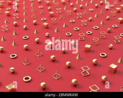 Abstrakter Hintergrund mit goldenen Formen und Figuren auf rotem Hintergrund. 3d-Rendering. Perfekte Illustration zum Platzieren von Text oder Objekt. Hintergrund mit Stockfoto