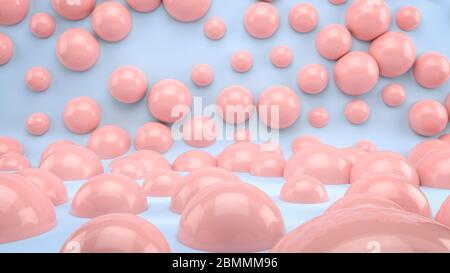 Abstrakte Szene mit rosa Blasen und Kugeln auf pastellblauem Hintergrund im Studio. Perfektes Bild zum Platzieren von Text oder Design. Für Kosmetika verwenden Stockfoto