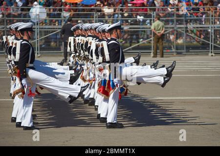 Mitglieder der Armada de Chile marschieren während der jährlichen Militärparade im Rahmen der Fiestas Patrias gedenkfeiern in Santiago, Chile vorbei. Stockfoto