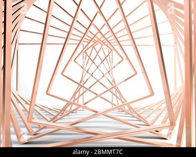 Abstrakte Szene mit goldenen oder kupferfarbenen Rahmen, die ausgefallene Geometrieformen und Formen bilden. 3d-Rendering Stockfoto