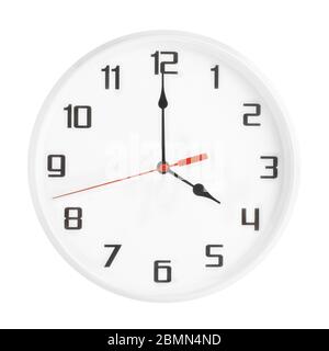Weiße Uhr isoliert auf weißem Hintergrund. 16 Uhr oder 4 Uhr Stockfoto