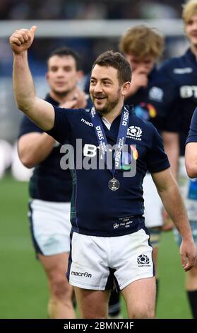 27/02/16. RBS Six Nations, Italien gegen Schottland, Stadio Olimpico, Rom. Schottland Spieler Kapitän und Mann des Spiels Greig Laidlaw feiert nach t Stockfoto
