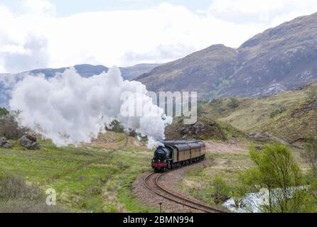 Der Jacobite Steam Train auf der West Highland Line auf der Strecke zwischen Fort William und Mallaig. Stockfoto