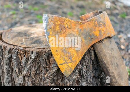 Rostige Axt und ihre beschädigte Klinge in der Nähe eines Baumstumpels Stockfoto