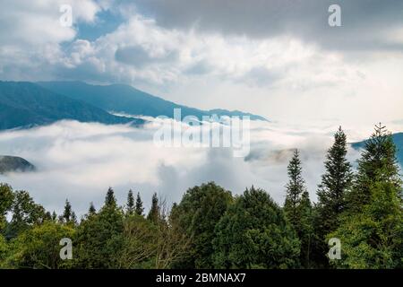 TA Xua ist eine berühmte Bergkette im Norden Vietnams. Das ganze Jahr über erhebt sich der Berg über den Wolken und erzeugt Wolkenumschwlungen. Stockfoto