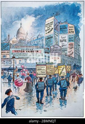 Ein Aquarell von Montmartre, Paris, Frankreich von Francis Garat (1853 - 1914), einem französischen Maler, der für seine malerischen Darstellungen der Pariser Architektur und Wahrzeichen in Aquarell und Öl bekannt ist. Seine Lieblingsthemen waren geschäftige Straßen, Parkszenen und das Nachtleben der typischen Pariser Cafés, indem er ein vorübergehendes Gefühl der Bewegung schuf. Stockfoto