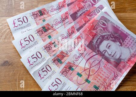 Fünfzig Pfund-Noten, £50 Sterling-Banknoten Stockfoto
