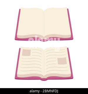 Cartoon Stil offene Buch Illustration, leere Seiten und mit Textinhalt. Isolierte Vektorclipgrafik Stock Vektor