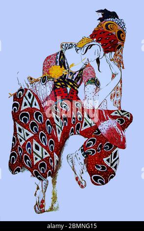 Kostümdesign von Léon Bakst (1866-1924), einem russischen Maler und Szenenbildner für das Ballett La Péri, ein Ballett des französischen Komponisten Paul Dukas aus dem Jahr 1912, das ursprünglich von Ivan Clusine choreographiert und in Paris uraufgeführt wurde, über Iskender (der Name Alexander des Großen auf Persisch) Auf der Suche nach Unsterblichkeit und der Begegnung mit einer mythologischen Peri. Stockfoto