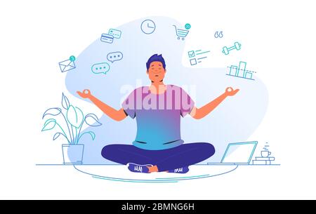 Arbeiten und Meditieren zu Hause. Niedlicher Mann sitzt zu Hause in Lotushaltung und konzentriert Stock Vektor