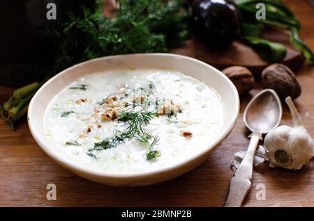 Bulgarische Joghurt kalte Suppe Tarator - mit Joghurt, Gurken, Knoblauch, Olivenöl, Dill und Walnüsse. In einem Keramikbecher mit einem alten Löffel angeordnet Stockfoto