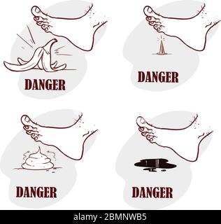 Vektordarstellung von Rutsche auf rutschigem Untergrund (Banane, Nägel, Öl, Hocker) Stock Vektor