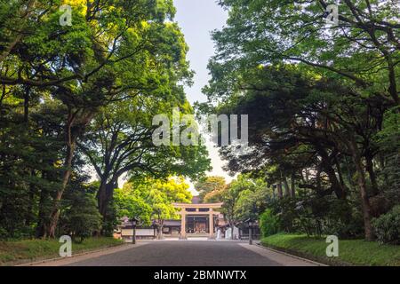 Tokio / Japan - 21. April 2018: Eintritt zum Meiji-Schrein (Meiji Jingu), dem schintoistischen Schrein, der den deifizierten Geistern von Kaiser Meiji und seiner Frau E gewidmet ist Stockfoto