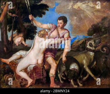 Tizian. Venus und Adonisvon Tiziano Vecellio (1490-1576), Öl auf Leinwand, ca. 1555-60 Stockfoto