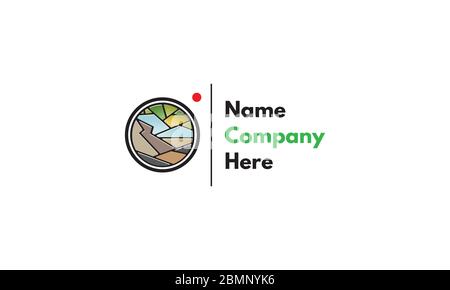 Vektor-Logo auf dem ein abstraktes Bild von Bergen und Bäumen in der Kamera-Objektiv. Stock Vektor