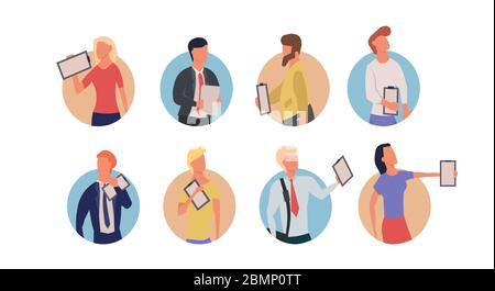 Setzen Sie Menschen mit Zwischenablage Vektor Business-Illustration mit Mann und Frau Konzept. Zeichen Checkliste Dokument Papier Büro Formular. Fragebogen Stock Vektor